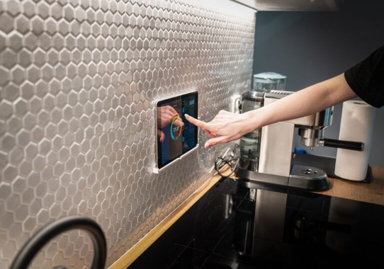 Residents adjust smart lighting and climate controls in a bright home living room with sensors and motorized shades.